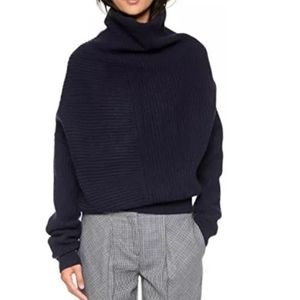 Acne Jacy Navy Ribbed Wool Assymetric Turtleneck